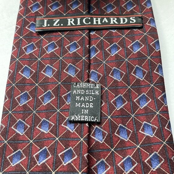 J Z RICHARDS Red & Blue Necktie CASHMERE & SILK Hand Made USA Geometric Pattern - Picture 4 of 5